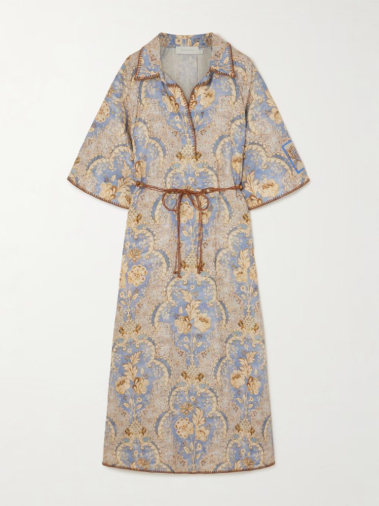 Daylight Blue Belted Printed Linen Midi Dress